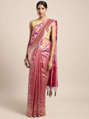 Celebrate This Festive Season In Traditional Look Wearing This Silk Based Saree In Pink Color. This Saree And Blouse are Fabricated On Art Silk Beautified With Weave All Over. 