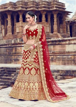 Get Ready For Your D-Day With This Heavy Designer Bridal Lehenga Choli In All Over Red Color. Its Heavy Embroidered Blouse And Lehenga Are Fabricated On Velvet Paired With Net Fabricated Dupatta. It Is Beautified With Heavy Jari Embroidery And Stone Work. Buy Now.