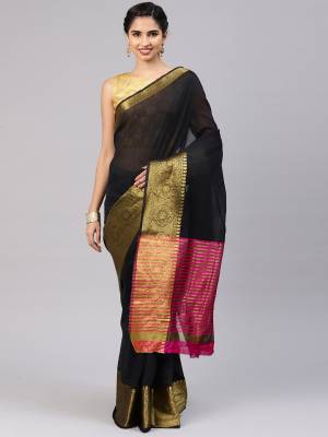 For Your Semi-Casuals, Grab This Simple Saree In Black Color Paired With Beige Colored Blouse. This Saree And Blouse Are Fabricated On Cotton Art Silk Beautified With Weaved Lace Border. Buy Now.