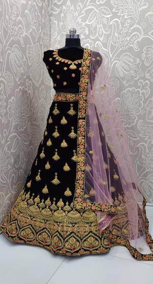 Ditch Those Red And Maroon  In Bridal Wear With This Beautiful Heavy Designer Lehenga Choli In Dark Purple Color Paired With Lilac Colored Dupatta. This Pretty Bridal Lehenga Choli Is Velvet Based Paired With Net Fabricated Dupatta. 