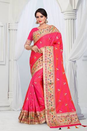Here Is A Very Pretty Designer Silk Based Saree In Fuschia Pink Color . This Saree And Blouse Are Fabricated On Soft Art Silk Beautified With Multi Colored Thread Work Over The Boder And Small Butti Work Over The Saree. Its Rich Fabric Gives An Enhanced Look To Your Personality And Also It Is Durable And Easy To Care For. 