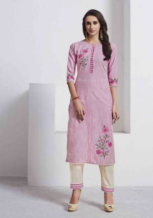 Look Pretty In This Readymade Pair Of Kurti In Pink Color Paired With Off-White Colored Bottom. Both The Top And Bottom are Fabricated On Cotton Which Is Durable And Easy To Care For.