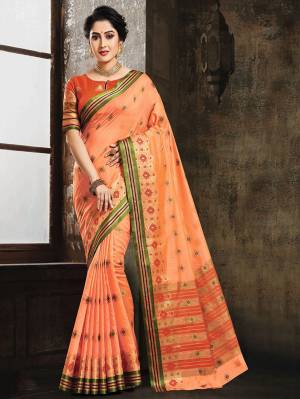 Celebrate This Festive Season With A Proper Traditional Look Wearing This Silk Based Saree In Orange Color. This Saree And Blouse Are Fabricated On Art Silk Beautified With Weave. 