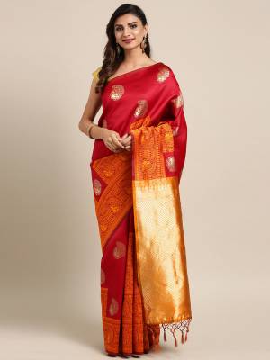 Celebrate This Festive Season In Traditional Look Wearing This Silk Based Saree In Red Color. This Saree And Blouse are Fabricated On Kanjivaram Art Silk Beautified With Weave All Over