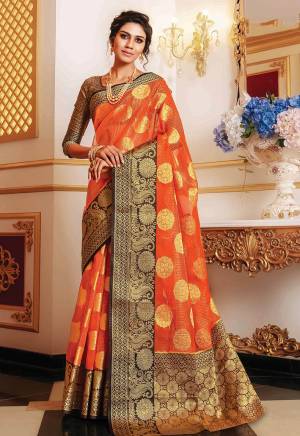 Adorn A Proper Traditional Look Wearing This Designer Silk Based?Saree In Orange Color. This Pretty Saree And Blouse Are Fabricated On Handloom Art Silk Beautified With Weave All Over.