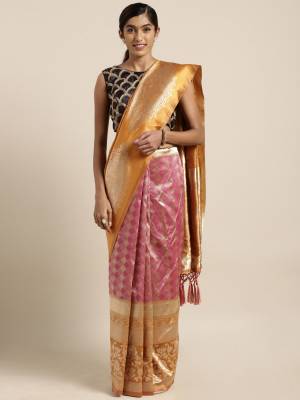 Celebrate This Festive Season In Traditional Look Wearing This Silk?Based Saree In Musturd Yellow And Pink Color. This Saree And Blouse are Fabricated On Banarasi Art Silk Beautified With Weave All Over