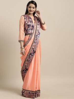 Presenting This Beautiful Peach Colored Gorgeous Big Border Chiffon Fancy Kothi Saree. This Gorgeous saree featuring beautiful Big Border Designs. This Pretty Saree Is Light In Weight And Easy To Carry All Day Long. 