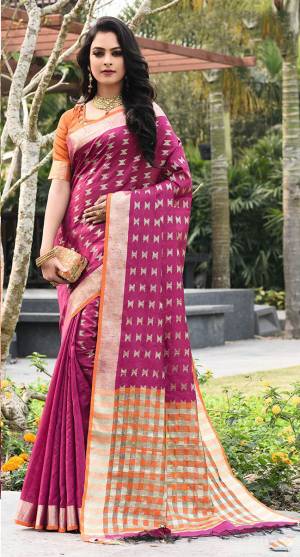 Shine Bright In This Designer Weaved Saree In Dark Pink Color Paired With Contrasting Orange Colored Blouse. This Saree And Blouse Are Fabricated On Art Silk Which Gives A Rich Look To Your Personality. 