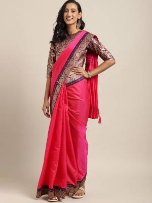 marvelously charming is what you will look at the next wedding gala wearing this beautiful  Rani pink color two tone silk fabrics saree. Ideal for party, festive & social gatherings. this gorgeous saree featuring a beautiful mix of designs. Its attractive color and  designer silk saree, stone design, beautiful floral design Saree along with silk jacquard Blouse.