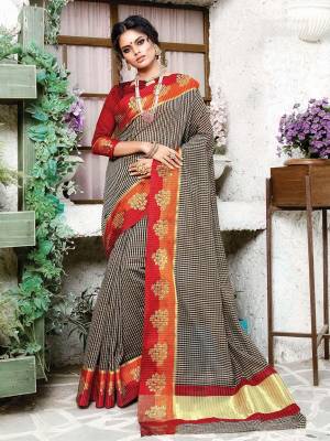For A Proper Traditional Look, Grab This Designer Silk Based Saree Black And Cream Color Paired With Contrasting Red Colored Blouse. It Is Beautified With Checks Prints All Over With Weaved Lace Border. Buy Now.