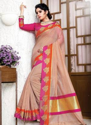 For A Proper Traditional Look, Grab This Designer Silk Based Saree Beige Color Paired With Contrasting Dark Pink Colored Blouse. It Is Beautified With Checks Prints All Over With Weaved Lace Border. Buy Now.