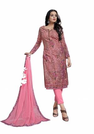 Look Pretty Wearing This Designer Straight Suit In All Over Pink Color. Its Heavy Embroidered Top Is Fabricated On Cotton Paired With Viscose Bottom And Chiffon Fabricated Dupatta. Its Fabrics Ensures Superb Comfort All Day Long. 