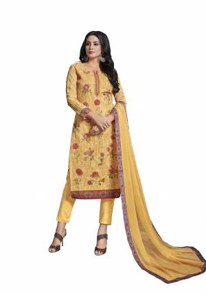 Celebrate This Festive Season With Beauty And Comfort Wearing This Designer Straight Suit In Musturd Yellow Color. Its Top IS Fabricated On Cotton Paired With Viscose Bottom And Chiffon Fabricated Dupatta. All Its Fabrics Are Light Weight And Easy To Carry All Day Long. 