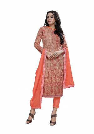 Grab This Very Beautiful Designer Straight Suit In Orange Colored Top Paired With Orange Colored Bottom And Dupatta. Its Heavy Embroidered Top Is Fabricated On Cotton Paired With Viscose Bottom And Chiffon Fabricated Dupatta. Buy This Semi-Stitched Suit Now.