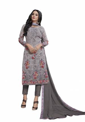 Rich And Elegant Looking Shade Is Here To Add Into Your Wardrobe With This Designer Straight Suit In Grey Colored Top Paired With Grey Colored Bottom And Dupatta. Its Top Is Cotton Based Paired With Viscose Bottom And Chiffon Fabricated Dupatta. 