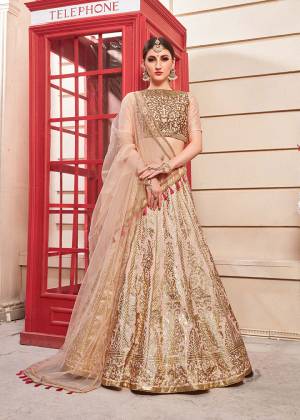 Flaunt Your Rich And Elegant Taste Wearing This Heavy Designer Lehenga Choli In Nude Pink Color. This Lehenga Choli Is Art Silk Based Paired With Net Fabricated Dupatta. Its Rich Color And Embroidery Gives A Heavy And Subtle Look To Your Personality. 