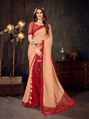 For Your Semi-Casual Wear, Grab This Pretty Light Weight Saree In Peach And Red Color. This Saree And Blouse Are Fabricated On Chiffon Beautified With Prints over Blouse And Printed Patch Over The Saree Pallu. 