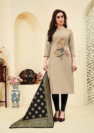 Flaunt Your Rich And Elegant Taste In This Designer Dress Materil In Rich Color Pallete. Its Cotton Slub Fabricated Top Is In Sand Grey Color Paired With Cotton Based Black Colored Bottom And Banarasi Art Silk Dupatta Also In Black Color. 