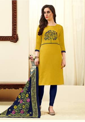 Celebrate This Festive Season With Beauty And Comfort By Getting This Yellow And Navy Blue Colored Dress Material Stitched As Per Your Desired Fit And Comfort. This Dress Material Is Cotton Based paired With Banarasi Art Silk Fabricated Dupatta. Buy Now.