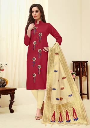 For A Royal Look, Grab This Evergreen Combination With This Dress Material In Maroon And Cream Color. Its Thread Embroidered Top IS Cotton Slub Based Paired With Cotton Bottom And Banarasi art Silk Fabricated Dupatta. All Its Fabrics Are Light Weight, Durable And Easy To Care For.