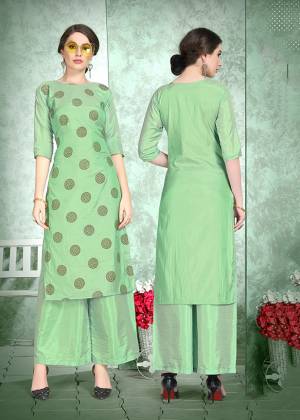 This Festive Season, Celebrate With Comfort and Charming Look By Wearing This Designer Readymade Set Of Kurti And Plazzo In Green Color. This Pretty Set Is Fabricated On Soft Art Silk Beautified With Foil Print Over The Top. Also It Is Light Weight And Easy To Carry All Day Long. 