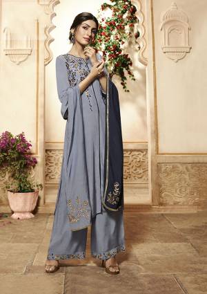 Your Worry For Stitching Is Over With This Fully Stitched Readymade Suit In Steel Blue Colored Top And Plazzo Paired With Navy Blue Colored Dupatta. Its Top Is Fabricated On Viscose Rayon Paired With Readymade Muslin Plazzo Chinon Fabricated Dupatta. Buy Now.