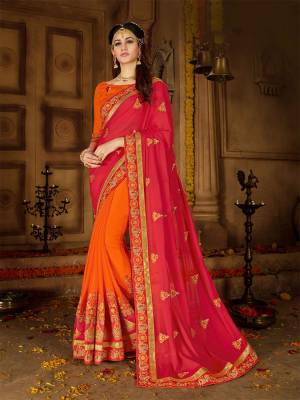For A Proper Traditional Look, Grab This Heavy Designer Saree In Red And Orange Color Paired With Orange Colored Blouse. This Heavy Embroidered Saree Is Fabricated On Georgette Paired With Art Silk Fabricated Blouse .