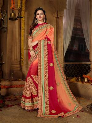 Add This Beautiful Designer Shaded Saree In Dark Peach And Red Color Paired With Red colored Blouse .This Saree Is Fabricated On Chinon Paired With Art Silk Fabricated Blouse. It Is Light In Weight And Easy To Carry All Day Long. 