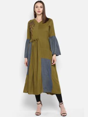 New And Unique Shade Is Here With This Designer Readymade Kurti In Olive Green Color Fabricated On Rayon. This Kurti IS Light Weight And Its Fabric Is Soft Towards Skin Which Ensures Superb Comfort All Day Long. 