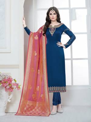 Celebrate This Festive Season Wearing This Elegant Looking Designer Straight Suit In Blue Colored Top And Bottom Paired With Two Tone Pink And Orange Colored Dupatta. Its Top Is Satin Georgette Based Paired With Santoon Bottom And Banarasi Art silk Dupatta. 