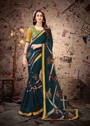 New Shade Is Here To Add Into Your Wardrobe With This Designer Saree In Teal Blue Color Paired With Contrasting Musturd Yellow Colored Blouse .This Saree Is Fabricated On Satin Georgette Paired With Cotton Slub Fabricated Embroidered Blouse. Buy This Lovely Color Pallete Now.