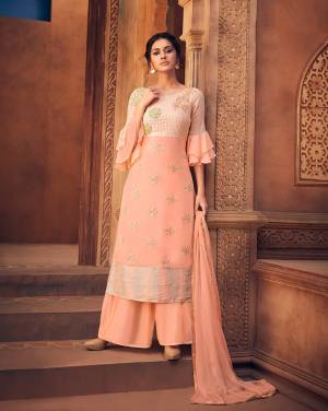 Peachy Tints And Shades Always Gives a Fresh and Pretty Look To Your Personality,Grab This Designer Straight Suit In Dark Peach Color, Its Top Is Fabricated On Georgette Paired With Santoon Bottom And Chiffon Fabricated Dupatta. 