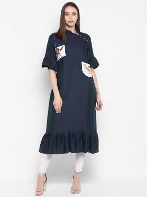Here Is An Rich And Elegant Looking Designer Readymade Kurti In Navy Blue Color Fabricated On Rayon. It Is Beautified With Printed Patch Work And Frill At The Hem. Buy This Kurti Now.