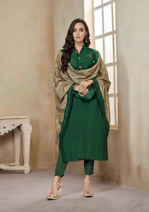 Grab This Designer Straight Suit In Dark Green Color Paired With Contrasting Beige Colored Printed Dupatta. This Suit Is Cotton Based Which Has Readymade Top With Unstitched Bottom And Muslin Fabricated Digital Printed Dupatta. 