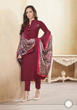 Enhance Your Personality Wearing This Elegant Looking Suit In Maroon And Multi Colot With Minimal Work And Digital Printed Dupatta. Its Readymade Top Is Cotton Based Paired With Cotton Fabricated Unstitched Bottom And Muslin Fabricated Dupatta. It Is Comfortable To Wear And Available In All Regular Sizes. 