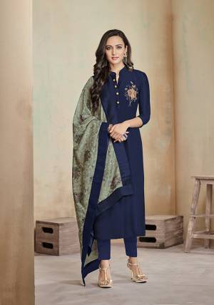 Celebrate This Festive Season With Beauty and Comfort Wearing This Designer Readymade Suit In Navy Blue Color Paired With Dusty Green Colored Dupatta. Its Readymade Top Is Fabricated On Cotton Paired With Cotton Based Unstitched Bottom And Muslin Fabricated Digital Printed Dupatta. Select As Per Your Desired Fit And Comfort. 