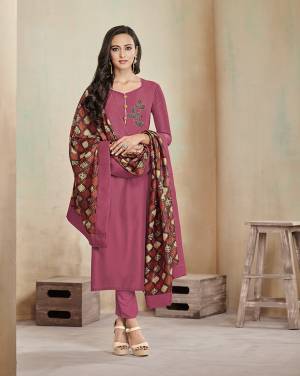 Enhance Your Personality Wearing This Elegant Looking Suit In Pink And Brown Color With Minimal Work And Digital Printed Dupatta. Its Readymade Top Is Cotton Based Paired With Cotton Fabricated Unstitched Bottom And Muslin Fabricated Dupatta. It Is Comfortable To Wear And Available In All Regular Sizes. 