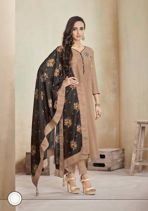 Beat The Heat This Summer With This Super Comfy Designer Readymade Suit In Beige Color Paired Black Colored Dupatta. Its Readymade Top IS Cotton Based Paired With Unstitched Cotton Bottom And Muslin Digital Printed Dupatta. It Is Light Weight, Durable And Easy To Care For. 