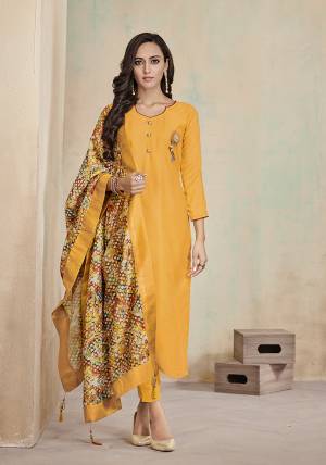 Celebrate This Festive Season With Beauty and Comfort Wearing This Designer Readymade Suit In Musturd Yellow Color Paired With Multi Colored Dupatta. Its Readymade Top Is Fabricated On Cotton Paired With Cotton Based Unstitched Bottom And Muslin Fabricated Digital Printed Dupatta. Select As Per Your Desired Fit And Comfort. 
