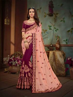 If You Have An Eye For Colors, Than Grab This Very Pretty Designer Saree In Peach And Maroon Color Paired With Maroon Colored Blouse. This Saree Is Fabricated On Vichitra Silk Paired With art Silk Fabricated Blouse. Its Pretty Color Pallete And Detailed Embroidery Will Earn You Lots Of Compliments From Onlookers. 