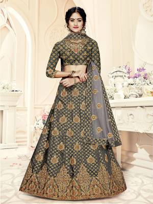 Grab This Heavy Designer Lehenga Choli In All Over Dark Grey Color. Its Blouse Is Fabricated On Art Silk Paired With Jacquard Silk Fabricated Lehenga And Net Fabricated Dupatta. It Is Beautified With Weave And Embroidery Which Is Making It More Attractive. 