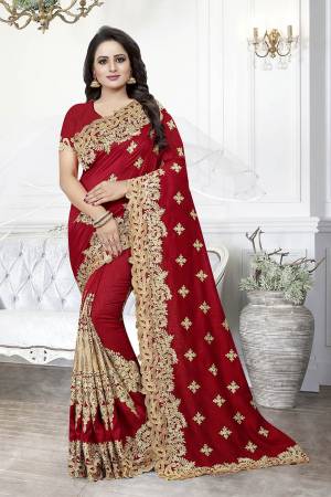 Get Ready For The Upcoming Wedding Season With This Heavy Designer Saree In Red Color. This Saree And Blouse are Silk Based Beautified With Heavy Embroidery With Cut Work. This Saree Is Suitable For Wedding And Festive Wear. Buy This Heavy Attractive Saree Now.
