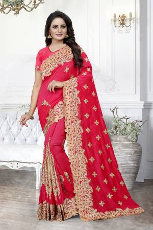 Get Ready For The Upcoming Wedding Season With This Heavy Designer Saree In Rani Pink Color. This Saree And Blouse are Silk Based Beautified With Heavy Embroidery With Cut Work. This Saree Is Suitable For Wedding And Festive Wear. Buy This Heavy Attractive Saree Now.