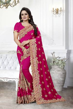 Get Ready For The Upcoming Wedding Season With This Heavy Designer Saree In Dark Pink Color. This Saree And Blouse are Silk Based Beautified With Heavy Embroidery With Cut Work. This Saree Is Suitable For Wedding And Festive Wear. Buy This Heavy Attractive Saree Now.