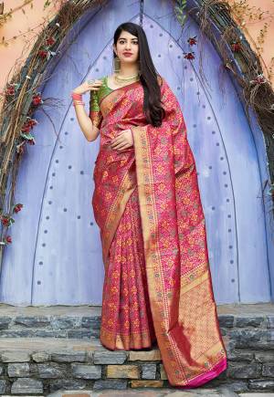 Here Is A Very Pretty Designer Silk Based For The Upcoming Festive Season. This Weaved Saree And Blouse are Fabricated On Banarasi Art Silk Which Gives A Rich And You Will Definitely Earn Lots Of Compliments In This Complete Traditional Look
