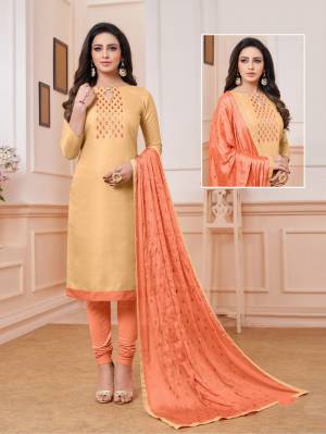 Grab This Pretty Dress Material For Your Semi-Casuals In Yellow Colored Top paired With Contrasting Orange Colored Bottom And Dupatta. Its Embroidered Top Is Fabricated On Satin Linen Paired With Cotton Bottom And Chinon Fabricated Embroidered Dupatta. Buy Now.