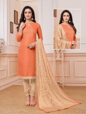 Grab This Pretty Dress Material For Your Semi-Casuals In Orange Colored Top paired With Beige Colored Bottom And Dupatta. Its Embroidered Top Is Fabricated On Satin Linen Paired With Cotton Bottom And Chinon Fabricated Embroidered Dupatta. Buy Now.