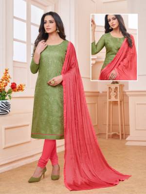 Here Is Pretty Colorful Suit To add Into Your Wardrobe With This Designer Dress Material In Green Colored Top Paired With Contrasting Fuschia Pink Colored Bottom And Dupatta. Its Top Is Satin Linen Based Paired With Cotton Bottom and Chinon Fabricated Dupatta. 