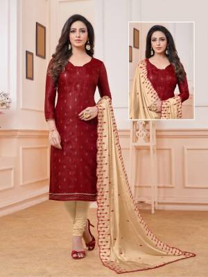For A Rich Look, Grab This Designer Dress Material With Embroidered Top And Dupatta In Maroon And Cream Color. Its Top Is Fabricated On Satin Linen Paired With Cotton Bottom And Chinon Fabricated Dupatta. Buy Now.