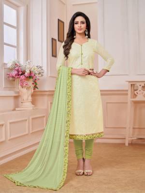 Look Pretty In This Very Beautiful And Designer Straight Suit In Pale Yellow Colored Top Paired With Light Green Colored Bottom And Dupatta. Its Top Is Fabricated On Modal Silk Paired With Cotton Bottom And Chiffon Fabricated Dupatta. 